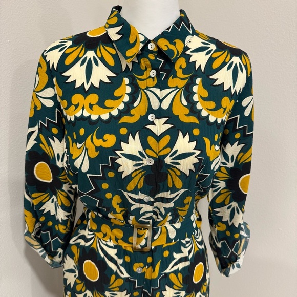 Figueroa Floral Print Button Front Dress 3/4 Sleeve Roll Tab M - Picture 5 of 8